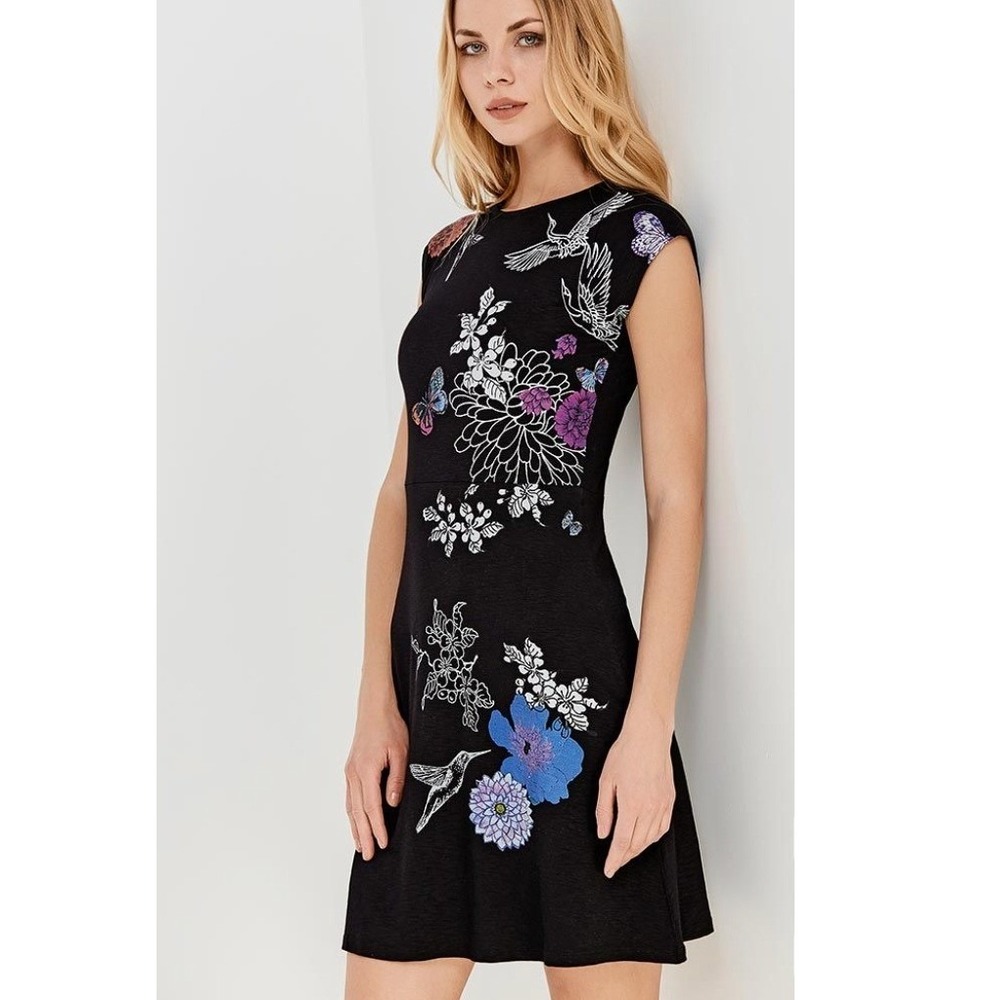 Desigual Dress Womens M Black Crane Butterfly Floral